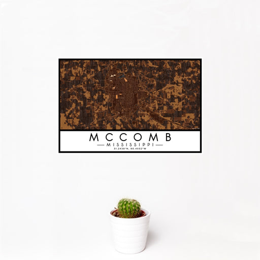 12x18 McComb Mississippi Map Print Landscape Orientation in Ember Style With Small Cactus Plant in White Planter