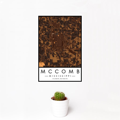 12x18 McComb Mississippi Map Print Portrait Orientation in Ember Style With Small Cactus Plant in White Planter