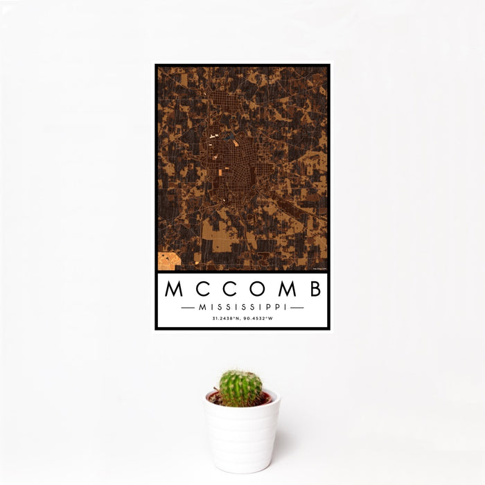 12x18 McComb Mississippi Map Print Portrait Orientation in Ember Style With Small Cactus Plant in White Planter
