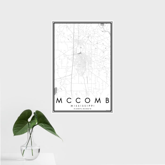 16x24 McComb Mississippi Map Print Portrait Orientation in Classic Style With Tropical Plant Leaves in Water