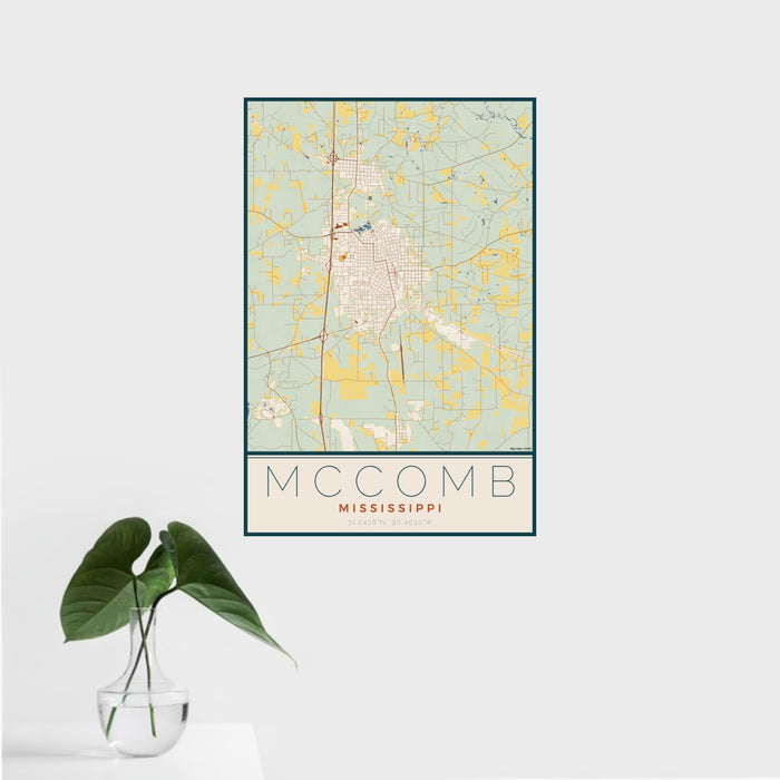 16x24 McComb Mississippi Map Print Portrait Orientation in Woodblock Style With Tropical Plant Leaves in Water