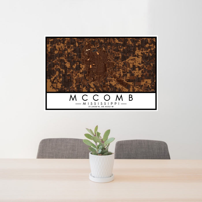 24x36 McComb Mississippi Map Print Lanscape Orientation in Ember Style Behind 2 Chairs Table and Potted Plant