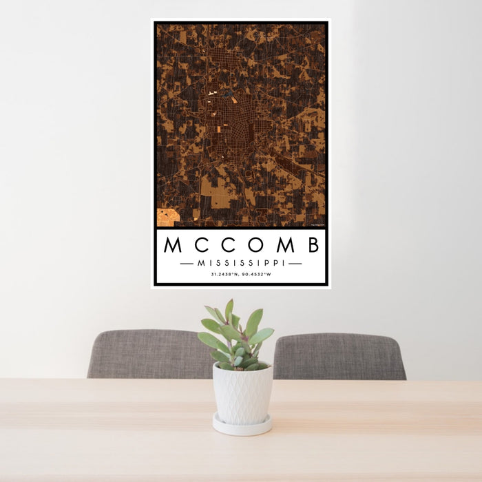 24x36 McComb Mississippi Map Print Portrait Orientation in Ember Style Behind 2 Chairs Table and Potted Plant