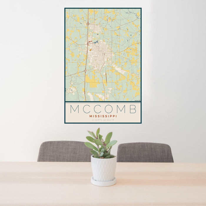 24x36 McComb Mississippi Map Print Portrait Orientation in Woodblock Style Behind 2 Chairs Table and Potted Plant