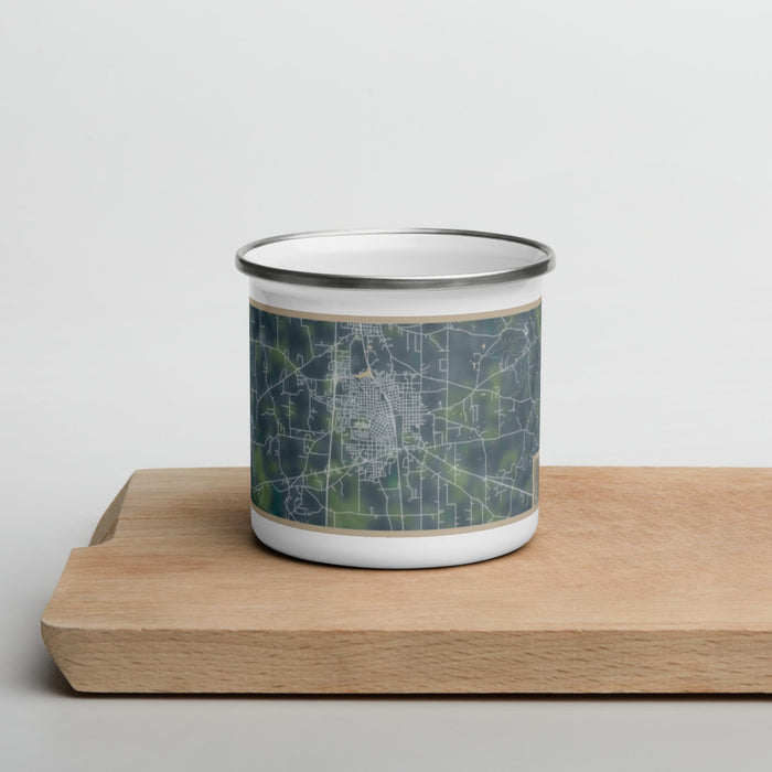 Front View Custom McComb Mississippi Map Enamel Mug in Afternoon on Cutting Board