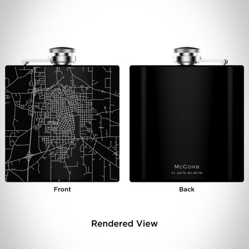 Rendered View of McComb Mississippi Map Engraving on 6oz Stainless Steel Flask in Black