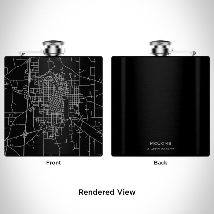 Rendered View of McComb Mississippi Map Engraving on 6oz Stainless Steel Flask in Black