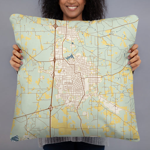 Person holding 22x22 Custom McComb Mississippi Map Throw Pillow in Woodblock