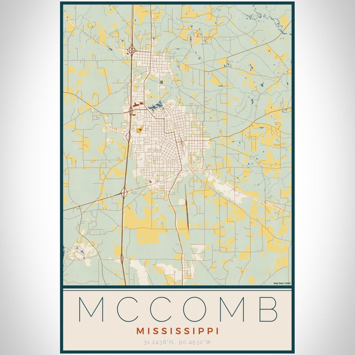 McComb Mississippi Map Print Portrait Orientation in Woodblock Style With Shaded Background
