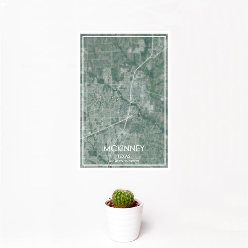 12x18 McKinney Texas Map Print Portrait Orientation in Afternoon Style With Small Cactus Plant in White Planter