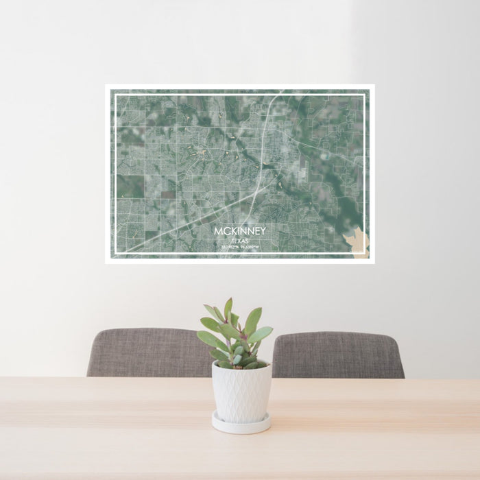 24x36 McKinney Texas Map Print Lanscape Orientation in Afternoon Style Behind 2 Chairs Table and Potted Plant