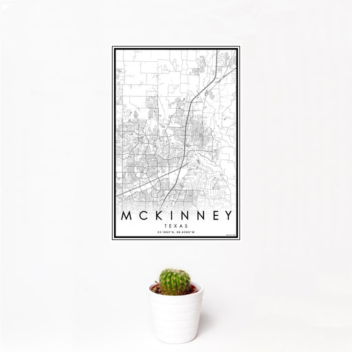12x18 McKinney Texas Map Print Portrait Orientation in Classic Style With Small Cactus Plant in White Planter