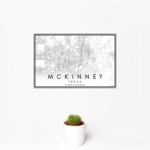 12x18 McKinney Texas Map Print Landscape Orientation in Classic Style With Small Cactus Plant in White Planter
