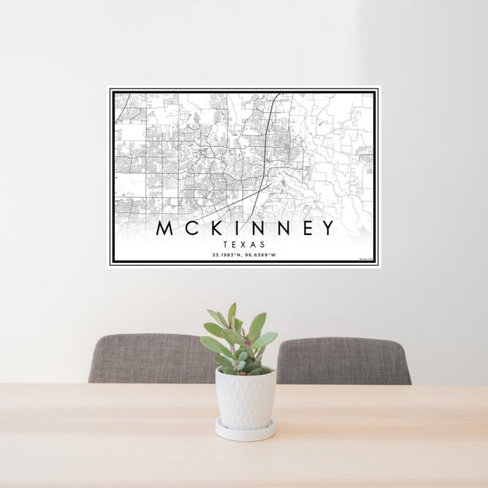 24x36 McKinney Texas Map Print Landscape Orientation in Classic Style Behind 2 Chairs Table and Potted Plant