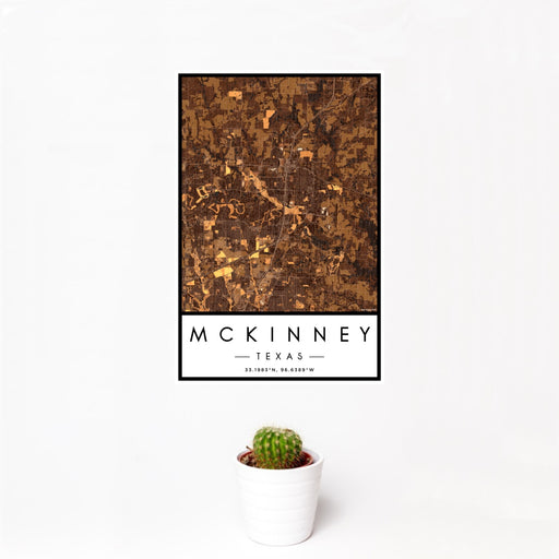 12x18 McKinney Texas Map Print Portrait Orientation in Ember Style With Small Cactus Plant in White Planter