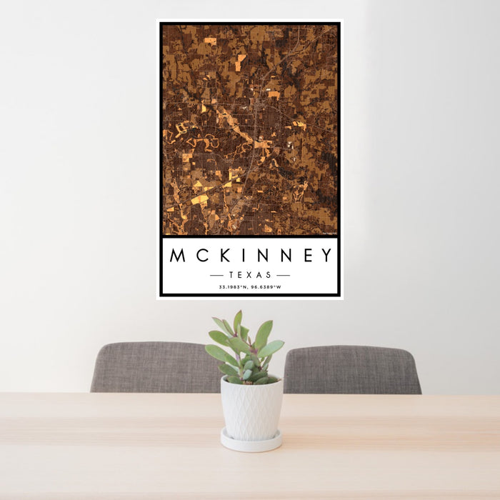 24x36 McKinney Texas Map Print Portrait Orientation in Ember Style Behind 2 Chairs Table and Potted Plant