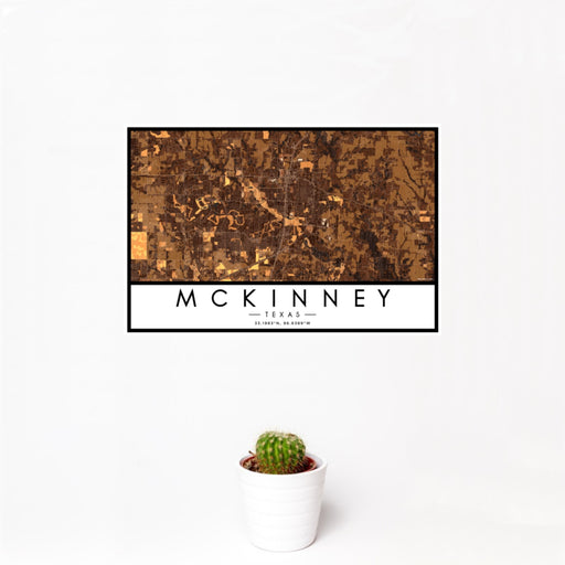 12x18 McKinney Texas Map Print Landscape Orientation in Ember Style With Small Cactus Plant in White Planter
