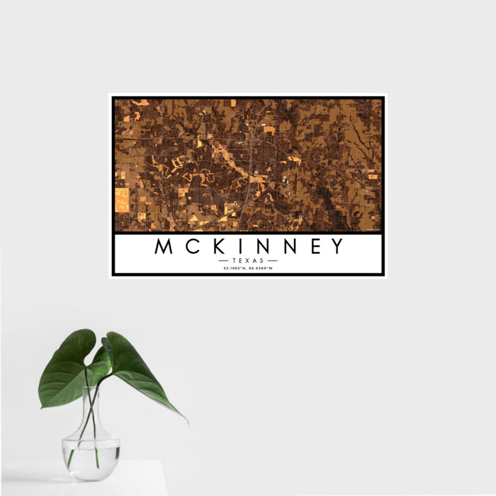 16x24 McKinney Texas Map Print Landscape Orientation in Ember Style With Tropical Plant Leaves in Water