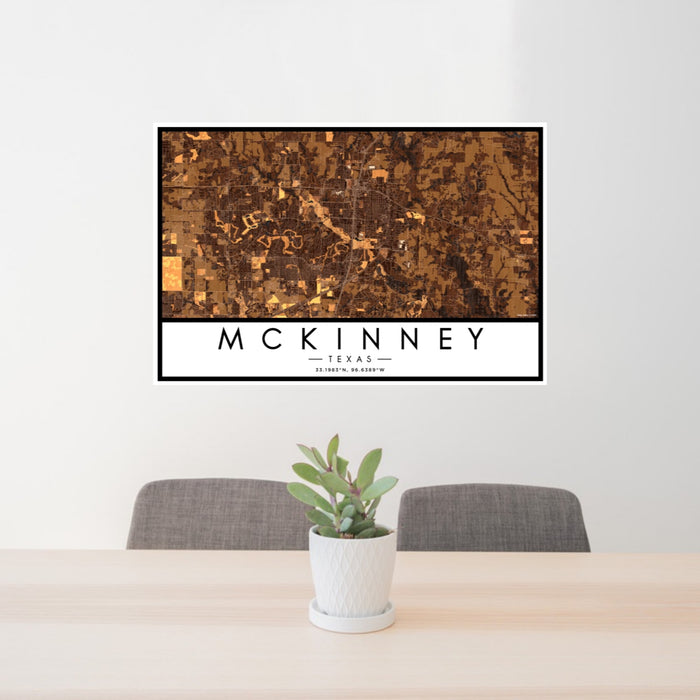 24x36 McKinney Texas Map Print Landscape Orientation in Ember Style Behind 2 Chairs Table and Potted Plant