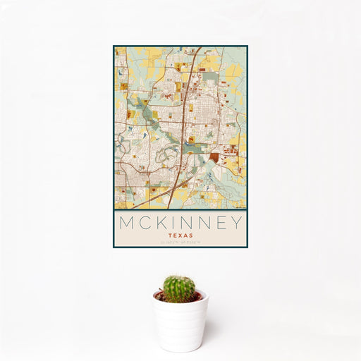 12x18 McKinney Texas Map Print Portrait Orientation in Woodblock Style With Small Cactus Plant in White Planter