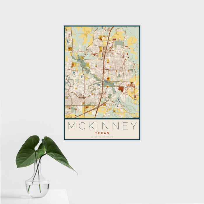 16x24 McKinney Texas Map Print Portrait Orientation in Woodblock Style With Tropical Plant Leaves in Water