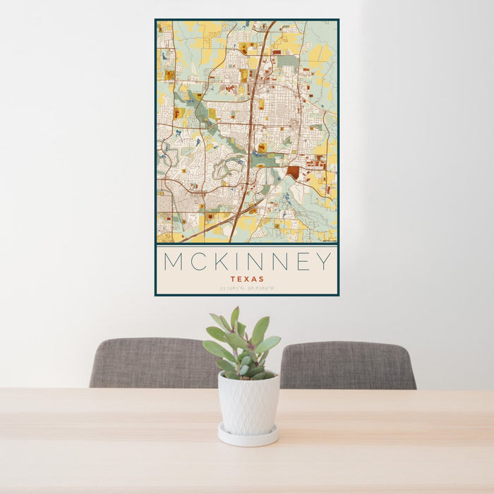 24x36 McKinney Texas Map Print Portrait Orientation in Woodblock Style Behind 2 Chairs Table and Potted Plant