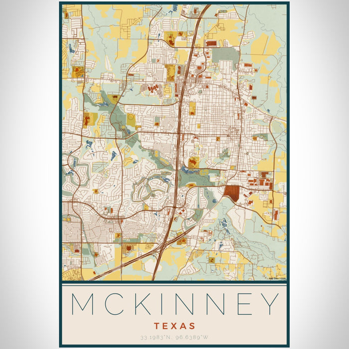 McKinney Texas Map Print Portrait Orientation in Woodblock Style With Shaded Background