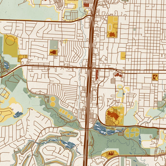 McKinney Texas Map Print in Woodblock Style Zoomed In Close Up Showing Details