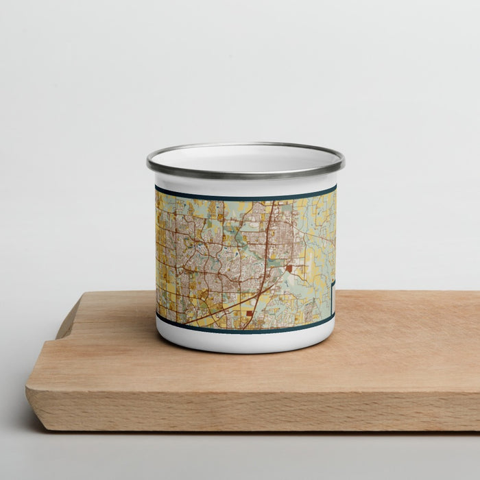 Front View Custom McKinney Texas Map Enamel Mug in Woodblock on Cutting Board