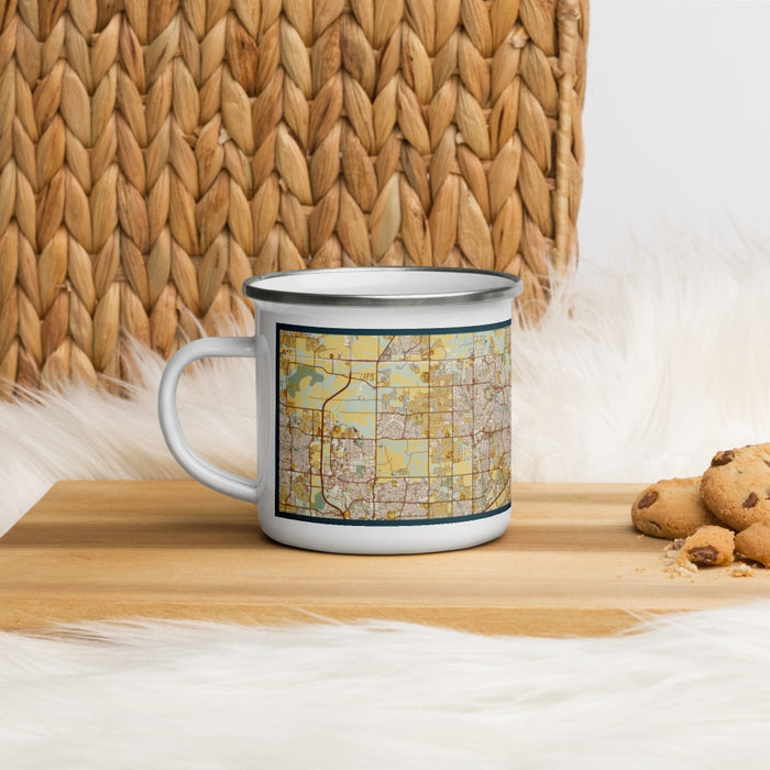 Left View Custom McKinney Texas Map Enamel Mug in Woodblock on Table Top