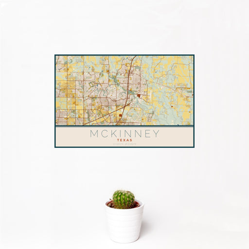 12x18 McKinney Texas Map Print Landscape Orientation in Woodblock Style With Small Cactus Plant in White Planter