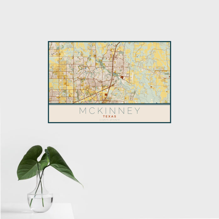 16x24 McKinney Texas Map Print Landscape Orientation in Woodblock Style With Tropical Plant Leaves in Water