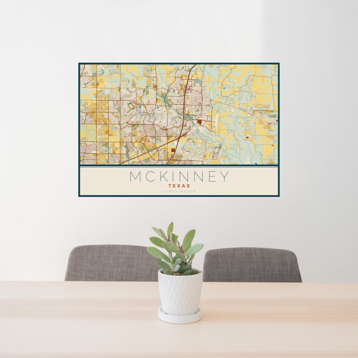 24x36 McKinney Texas Map Print Landscape Orientation in Woodblock Style Behind 2 Chairs Table and Potted Plant