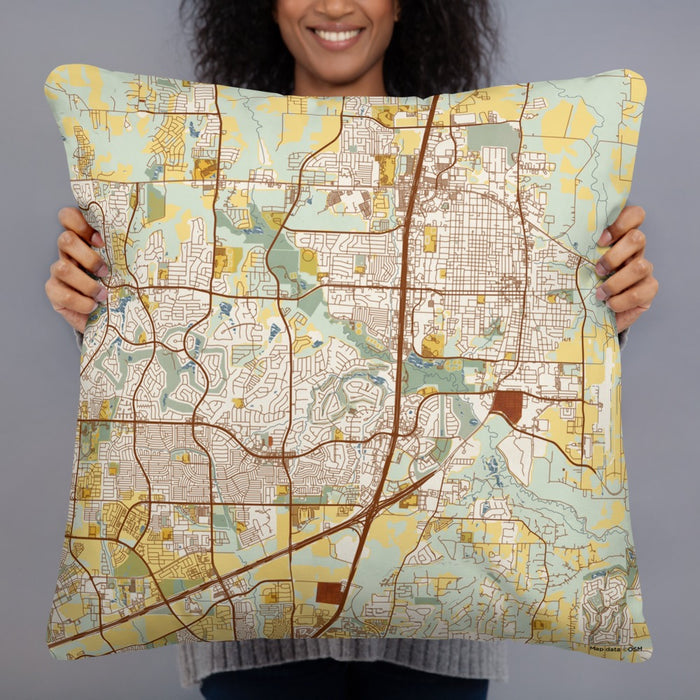Person holding 22x22 Custom McKinney Texas Map Throw Pillow in Woodblock