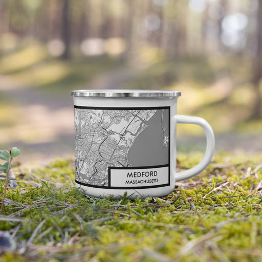 Right View Custom Medford Massachusetts Map Enamel Mug in Classic on Grass With Trees in Background