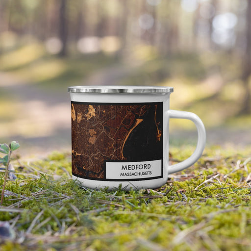 Right View Custom Medford Massachusetts Map Enamel Mug in Ember on Grass With Trees in Background
