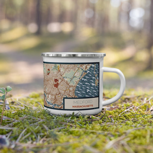 Right View Custom Medford Massachusetts Map Enamel Mug in Woodblock on Grass With Trees in Background