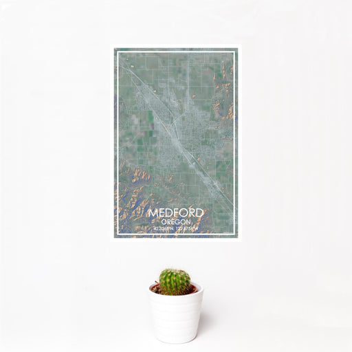 12x18 Medford Oregon Map Print Portrait Orientation in Afternoon Style With Small Cactus Plant in White Planter