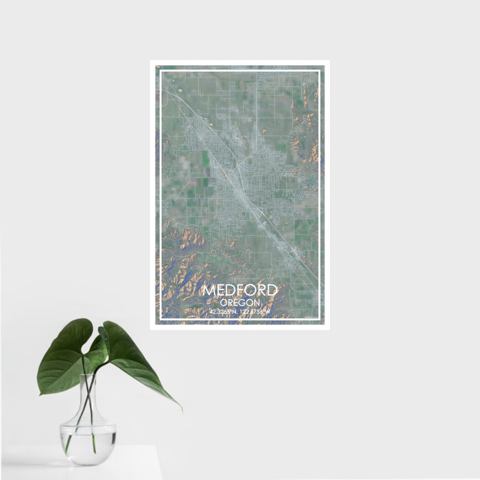 16x24 Medford Oregon Map Print Portrait Orientation in Afternoon Style With Tropical Plant Leaves in Water