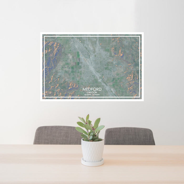 24x36 Medford Oregon Map Print Lanscape Orientation in Afternoon Style Behind 2 Chairs Table and Potted Plant