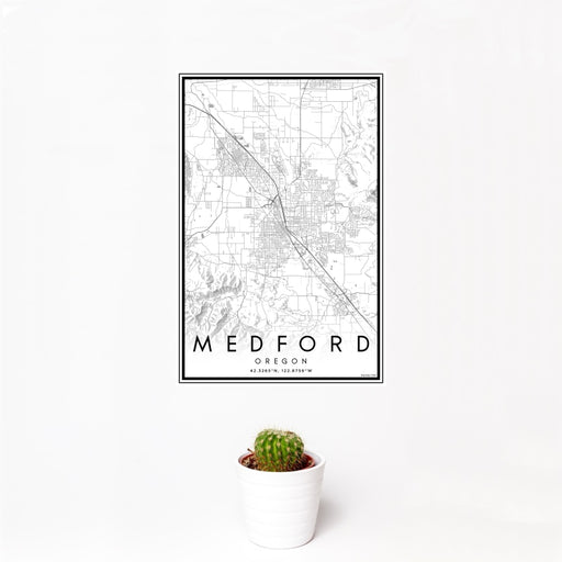 12x18 Medford Oregon Map Print Portrait Orientation in Classic Style With Small Cactus Plant in White Planter