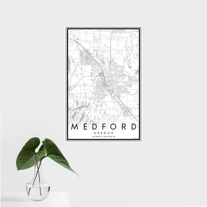 16x24 Medford Oregon Map Print Portrait Orientation in Classic Style With Tropical Plant Leaves in Water