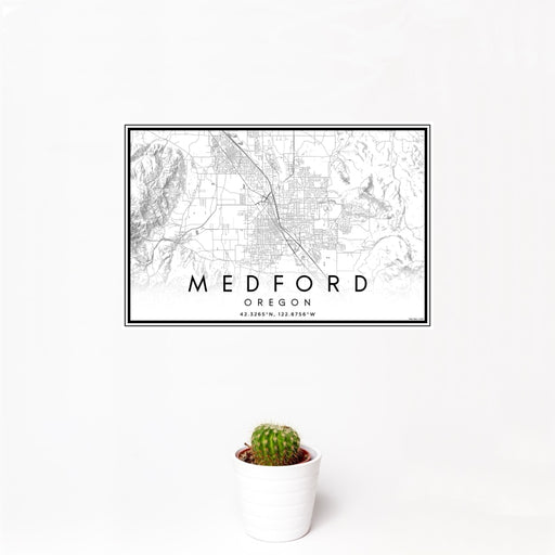 12x18 Medford Oregon Map Print Landscape Orientation in Classic Style With Small Cactus Plant in White Planter