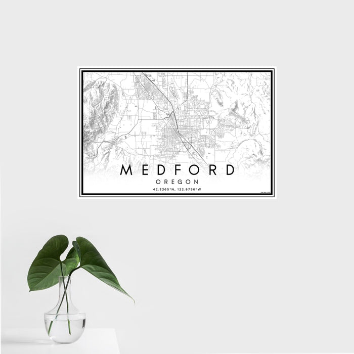 16x24 Medford Oregon Map Print Landscape Orientation in Classic Style With Tropical Plant Leaves in Water