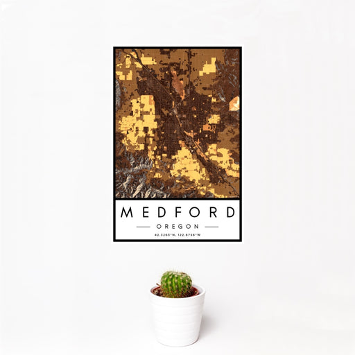12x18 Medford Oregon Map Print Portrait Orientation in Ember Style With Small Cactus Plant in White Planter