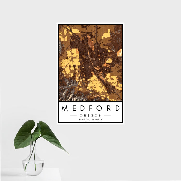16x24 Medford Oregon Map Print Portrait Orientation in Ember Style With Tropical Plant Leaves in Water