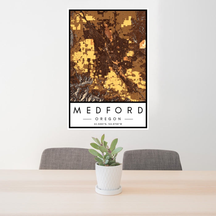 24x36 Medford Oregon Map Print Portrait Orientation in Ember Style Behind 2 Chairs Table and Potted Plant