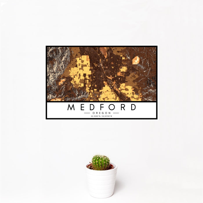 12x18 Medford Oregon Map Print Landscape Orientation in Ember Style With Small Cactus Plant in White Planter