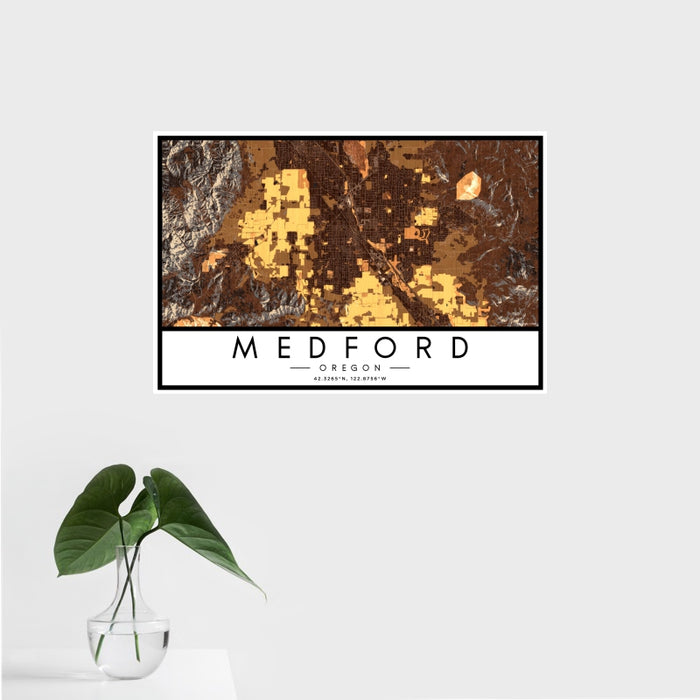 16x24 Medford Oregon Map Print Landscape Orientation in Ember Style With Tropical Plant Leaves in Water
