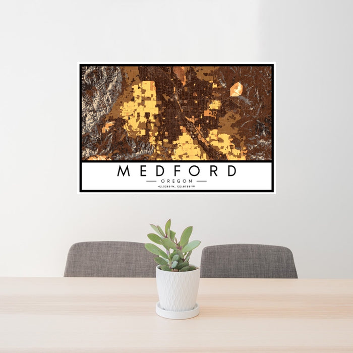 24x36 Medford Oregon Map Print Landscape Orientation in Ember Style Behind 2 Chairs Table and Potted Plant